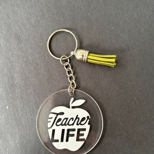 Handmade white apple teacher life round acrylic keychain